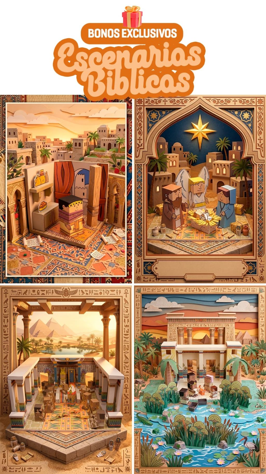 Escenarios bíblicos decorativos para colorear y trabajar en actividades cristianas.