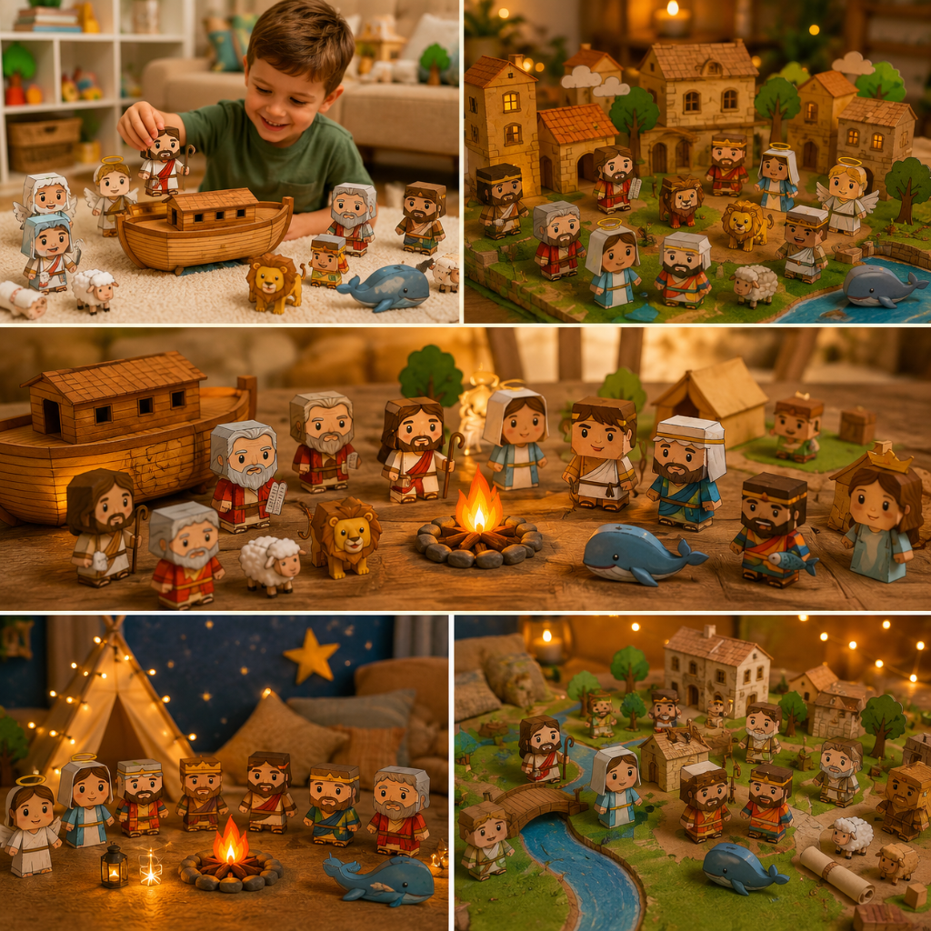 Escenarios infantiles con personajes bíblicos recortables en ambientes cálidos.
