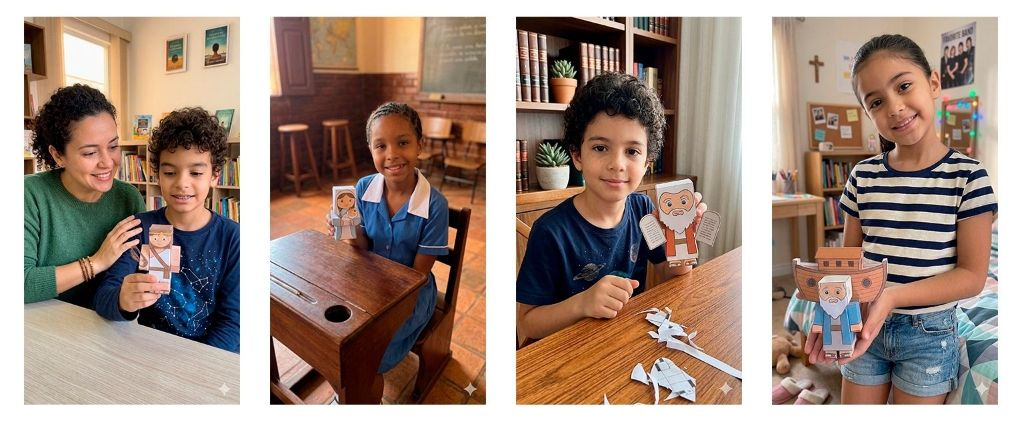 Niños mostrando manualidades bíblicas de papel en casa y en el aula.