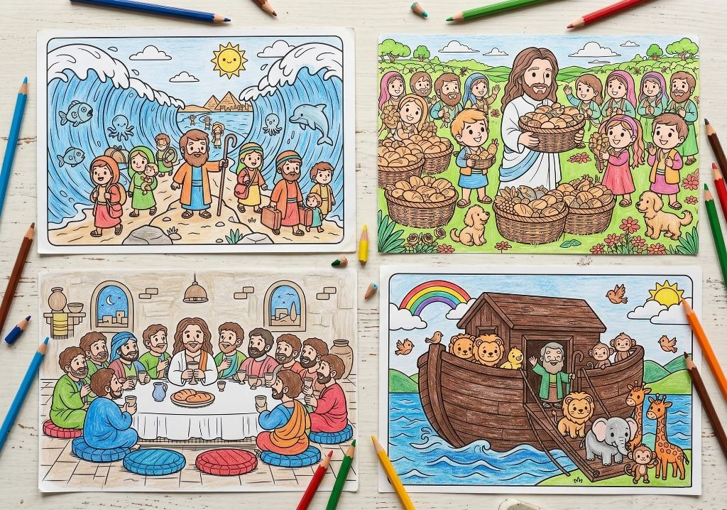 Ejemplos de hojas bíblicas para colorear impresas sobre una mesa con lápices de colores.