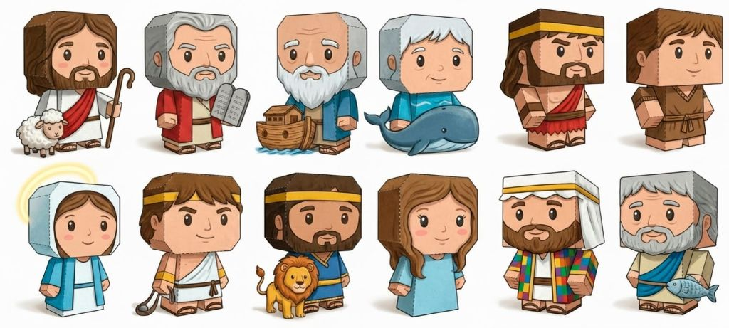 Conjunto destacado de personajes bíblicos infantiles para imprimir y colorear.